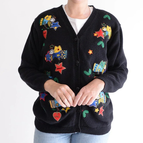 Vintage The Quacker Factory Black Embroidered Angels Cardigan Knit Sweater M - Picture 2 of 12